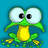 Green cartoon frog with large white eyes and black pupils, yellow belly, green limbs on blue background; text 'ribbit' repeated three times in dark font.