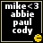 Four identical square with black backgrounds, yellow borders, and white text listing names above a yellow Pac-Man icon