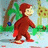 Pixelated character in red outfit walking left to right with green foliage and blue object background.