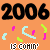 Animated orange background with black '2006' text and colorful confetti-like shapes, each frame showing different colored fragments below the text.