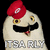 Pixelated cartoon chicken with red comb, yellow eyes, black beak, and red wattle, wearing a red cap with white checkered pattern, standing against black background with gray text below.