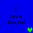 Blue background displays "I Love Rachel" text with pixelated hearts in green and teal positions.