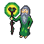 Pixel art of a bearded figure in green robes holding a staff with a circular yellow-green emblem, shown across six