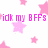 Pixelated pink text lists names over a white background with scattered pink stars, including 'idk my BFFs', 'paige kaiDyn mary', 'shelby celene danielle', and a gray rectangle.