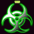 Green biohazard symbol with glowing effects on dark background, two states showing animation progression.