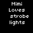 Pixelated text 'Mimi Loves strobe lights' appears in white on black, gray, and white backgrounds.
