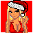 Pixel art of a woman in Santa hat and red dress on red background with white text fragments.