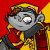 Pixelated character with gray face and yellow headpiece, red and yellow clothing, holding a red ball on a red and yellow background.