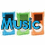 Pixelated icon displays the word 'Music' with each letter in a colored rectangular frame: blue, green, and orange.