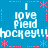 Blue background with white text reading "I love field hockey!!!" repeated in four quadrants, surrounded by pink asterisks and dashed lines.