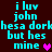 Pixelated cyan text on dark background with pink heart symbols, displaying repeated phrases and partial words.