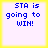 Four identical pixelated display blue text on white backgrounds with yellow borders, each reading "STA is going to WIN!" in a retro digital style