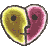Static pixel art of a broken heart split into two halves with distinct color schemes and textures, set against a gray background.