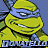 A 3x2 contact sheet of six pixelated frames from an animated TMNT buddy icon featuring Donatello, showing character expressions, a turtle shell symbol, and text variations.