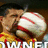 A pixelated image shows a person in a yellow and red striped shirt holding a white and red striped ball, with text reading Thats gotta hurt !!!!