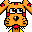 Pixelated cartoon character with orange fur, red accents on ears and chest, yellow clothing, brown arms, two distinct eye states across frames.
