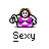 A 4x3 contact sheet of pixel art frames showing a cartoon woman in various poses with the word "Sexy" below each frame.