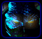 Animated sequence of a stylized figure's chest area with glowing eyes, transitioning through blue and orange color shifts against dark background.