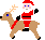 Santa Claus in red suit rides a reindeer with blue eyes and light brown antlers across four pixelated frames.