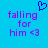A static pixel art image with a bright blue background, purple text reading "falling for him <3", and a small blue heart symbol above the text.