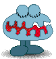 A light blue cartoon creature with two large eyes and a red mouth displays various expressions