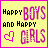 Yellow background with pink border displays 'Happy Boys and Happy Girls' text, heart symbol, and pixelated animation changes across six