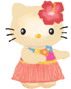 Hello Kitty avatar in pink hula dress with red flower, blue necklace, and yellow accents, shown in four sequential poses with arm and hand position changes.