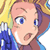 Pixelated anime-style character face with blue eyes, pink skin tone, and purple-brown hair against a yellow background.
