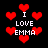 Pixelated red hearts and white text reading "I LOVE EMMA" on a black background, with varying heart sizes and positions.