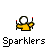 Yellow figure with white head holding two red-tipped sticks, surrounded by scattered yellow and orange particles, with text "Sparklers" below.
