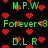Static pixel art featuring green text and red hearts on a black background with no visible animation changes.