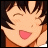 Pixelated anime-style character with closed eyes and open mouth, next to stylized text on black background.