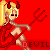 Pixelated devil character with blonde pigtails, red horns, and a red dress holding a pitchfork against a solid red background.