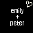 Pixelated white text on black background shows 'emily + peter' with a heart symbol above, two identical frames side-by-side.
