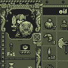 Pixel art scene showing a character with sword and shield inside ornate frame, surrounded by game items like oil bottles and weapons on dark green background.