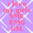 A static image with a purple background and white geometric patterns, featuring repeated pink text reading "i love my girls SMK KMG GSL" in a