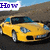 Yellow sports car with blue roof on road, text fragments above and below the vehicle.