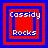Four red and blue square frames with "Cassidy Rocks" text, each frame containing a nested square pattern that changes across the sequence.