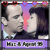 six identical showing a man and woman in profile facing each other against a purple-pink gradient background with heart symbols above