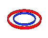 Red and blue interlocking rings rotate through multiple orientations against a gray background.