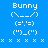Blue background with white pixelated text and symbols arranged in two , each containing 'Bunny' above a bunny face made of characters