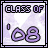 Two side-by-side pixelated images of 'CLASS OF '08' text with a light purple background and black border, showing animation change in the number '8'.