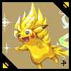 Pixelated yellow creature with spiky hair, blue eyes, red cheeks, and open mouth against brown background with white sparkles.