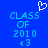 Blue background with pixelated text 'CLASS OF 2010' and '+3', a white heart symbol above the left side, and identical mirrored text on the right.