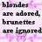 A static image with pink butterfly background, black and red text about blondes vs brunettes, a large red X over the center, and gray rectangle on right.