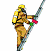 Pixelated animated buddy icon featuring a fireman figure holding a hose on left and green text logo on right, displayed as contact sheet with two frames.