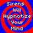 Four identical pixelated display red and blue spiral patterns with white text reading "Sirens will Hypnotize Your Mind" in a retro digital style