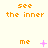 Animated sequence showing orange text "see the inner" and pink symbols above "me" on a light background, with symbol changes across frames.