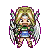 Pixelated character with blonde hair, green top, blue skirt, and large white wings against gray background.