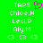 Green background displays two identical of white text with a pink heart above the left 's 'TAPS' text, each containing 'TAPS', 'Chloe.H', 'Lexi.P', 'Aly.M', and three white heart icons below